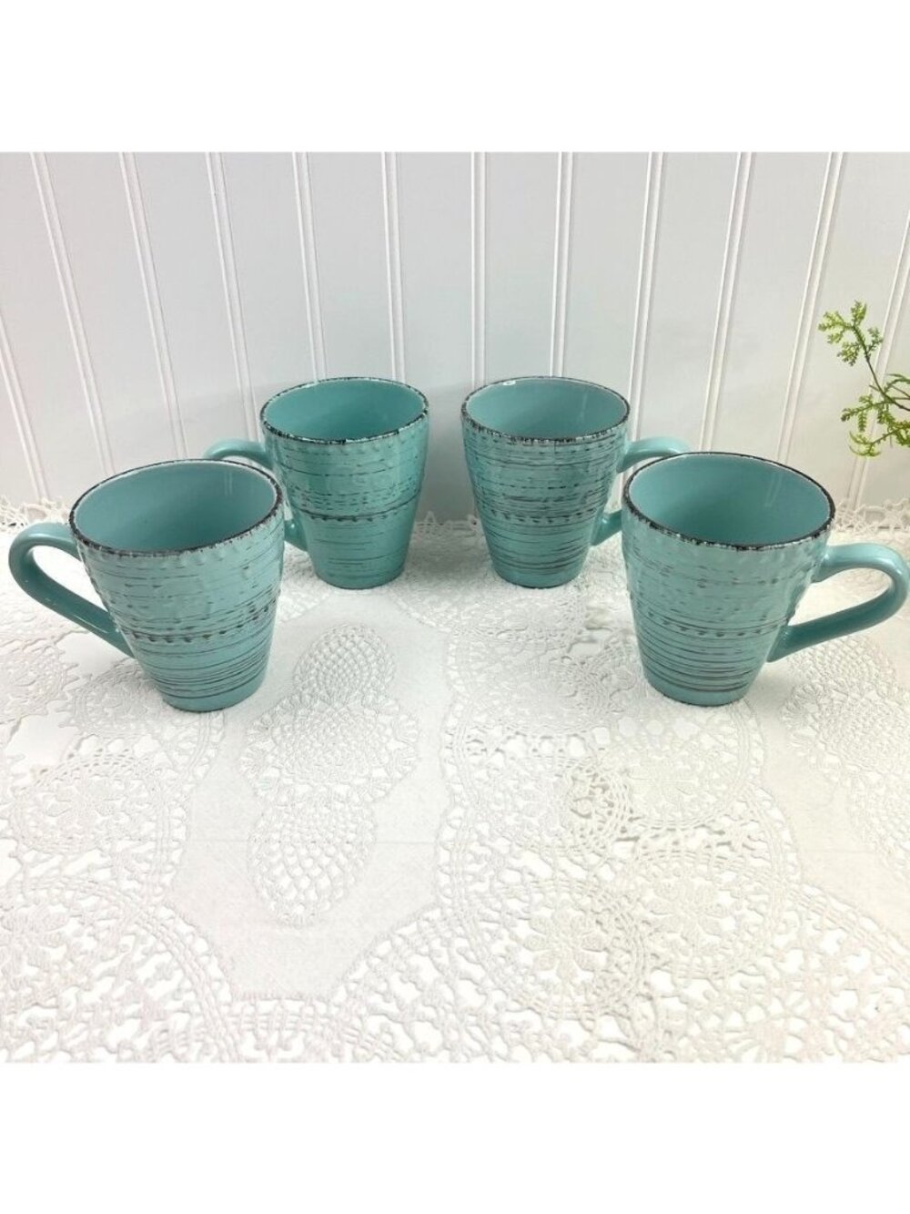 Elama Malibu Waves Set of 4 Stoneware Coffee Mugs Turquoise Embossed Coastal